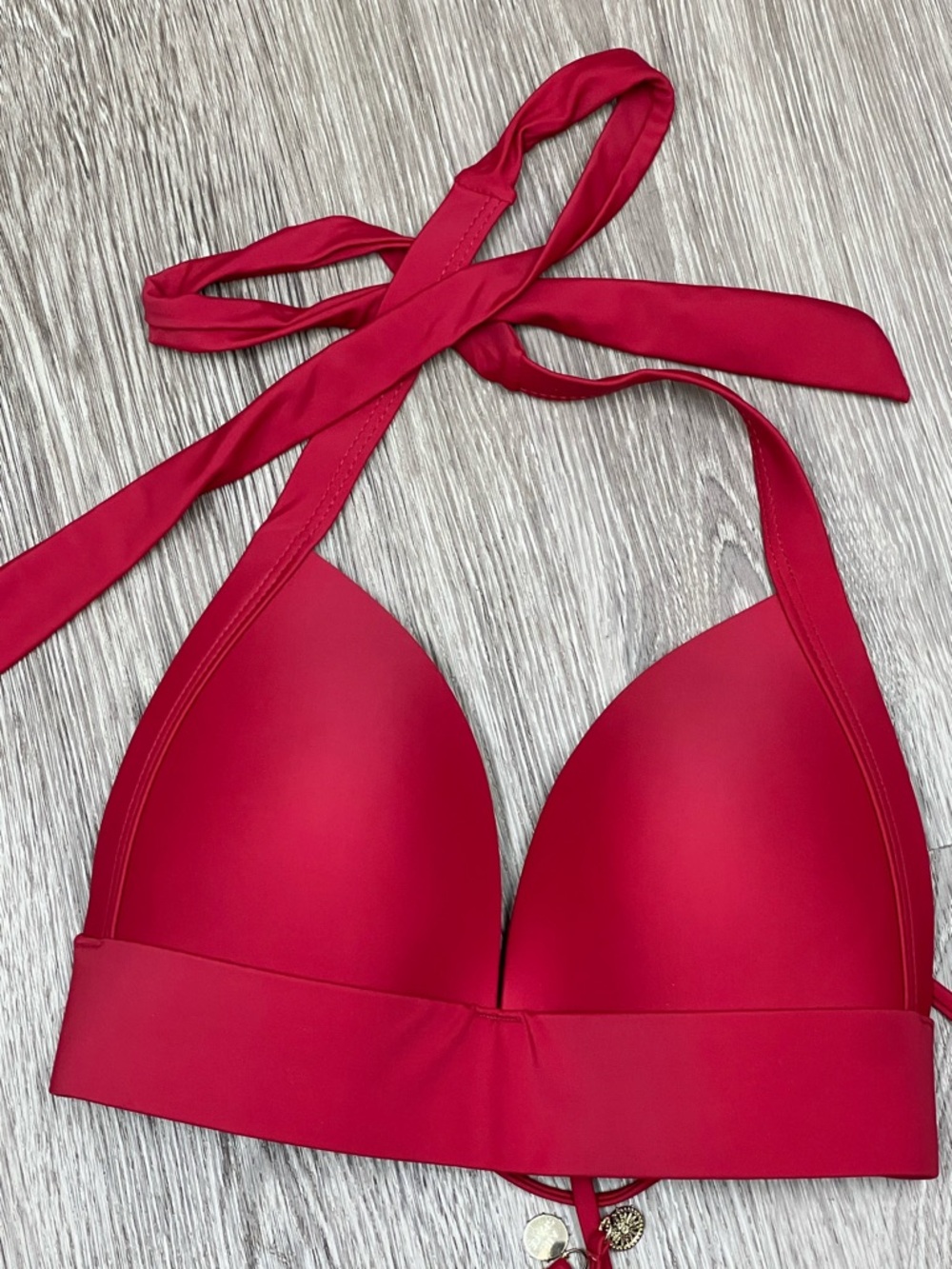 Red Halter Bikini Top With Cups Tie Back - Picture 2 of 6